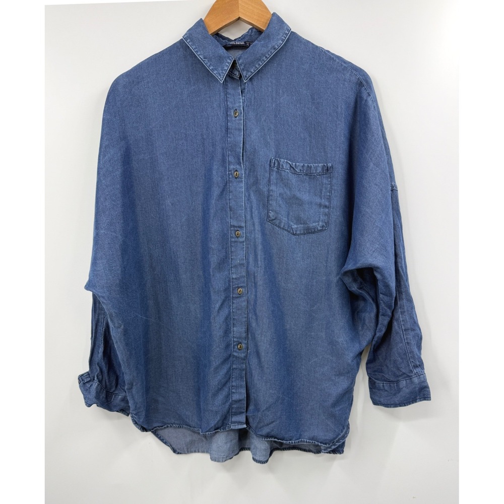 Zara Basic Z1975 Denim Shirt Womens XS Blue Oversized Button Down Chambray Top